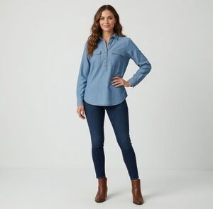 Old Navy Women's Light Blue Chambray Half Button Tunic Shirt M Long Sleeve VG